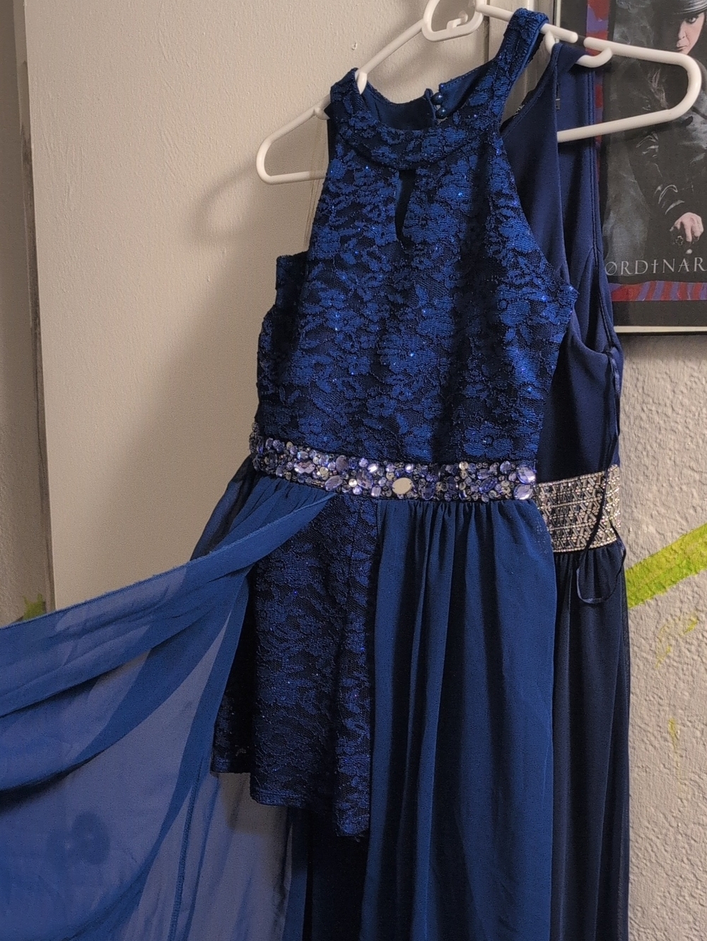 Girls' Navy Blue Lace & Chiffon coolat style Dress with Beaded Waist